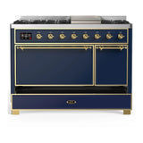 ILVE Majestic III 48-inch Dual Fuel Range with 5 Liquid Propane Burner, Griddle and Solid Door Electric Oven in Blue Grey with Brass Trim (UM48FQNR3MBGLP)
