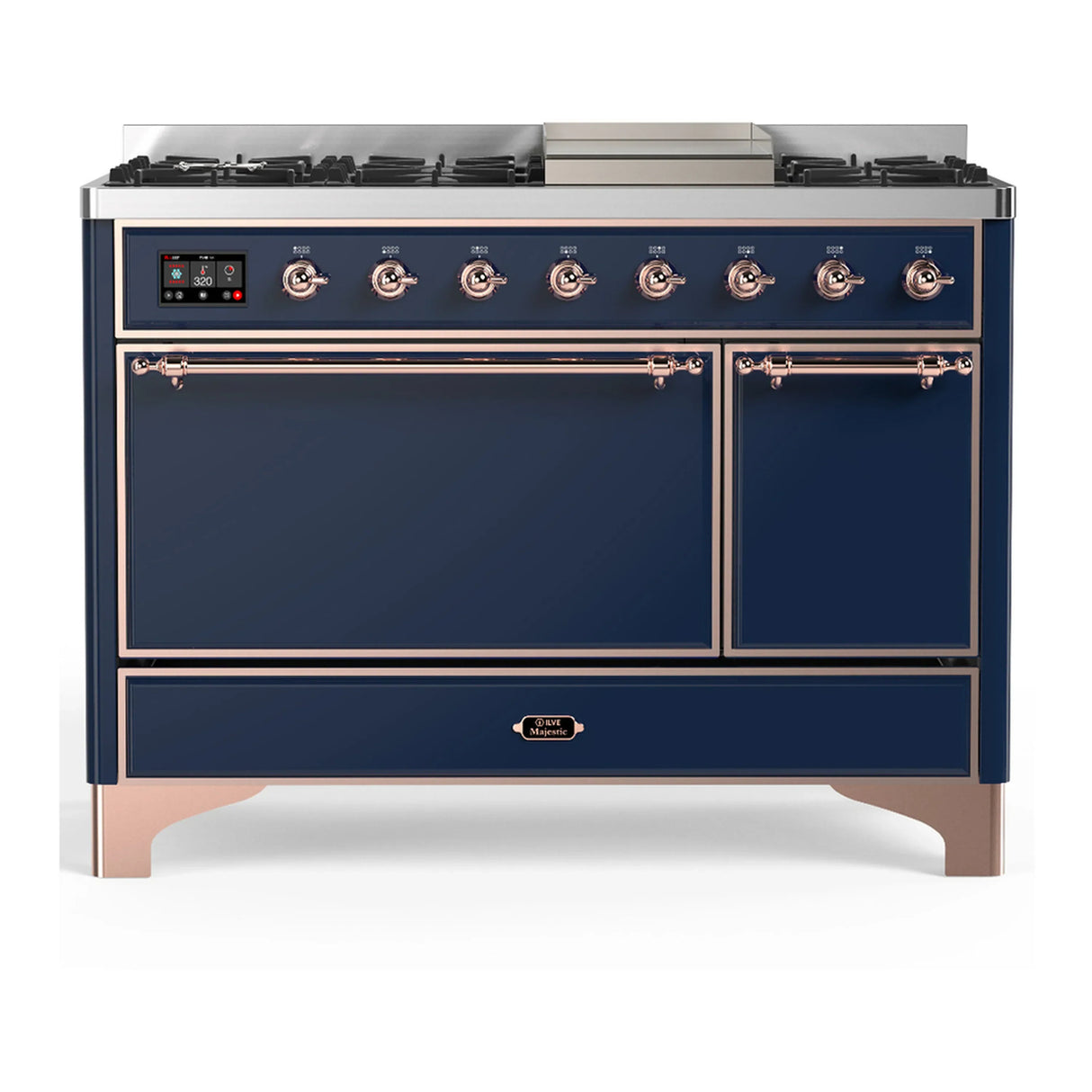 ILVE Majestic III 48-inch Dual Fuel Range with 5 Natural Gas Burner, Griddle and Solid Door Electric Oven in Midnight Blue with Copper Trim (UM48FQNR3MBP)