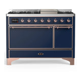 ILVE Majestic III 48-inch Dual Fuel Range with 5 Natural Gas Burner, Griddle and Solid Door Electric Oven in Midnight Blue with Copper Trim (UM48FQNR3MBP)