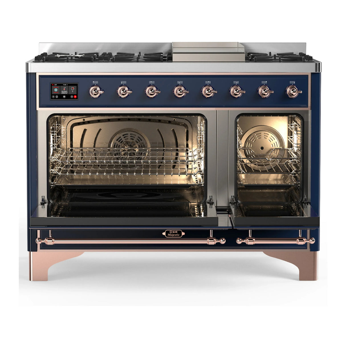 ILVE Majestic III 48-inch Dual Fuel Range with 5 Natural Gas Burner, Griddle and Solid Door Electric Oven in Midnight Blue with Copper Trim (UM48FQNR3MBP)