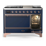 ILVE Majestic III 48-inch Dual Fuel Range with 5 Natural Gas Burner, Griddle and Solid Door Electric Oven in Midnight Blue with Copper Trim (UM48FQNR3MBP)
