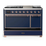 ILVE Majestic III 48-inch Dual Fuel Range with 5 Natural Gas Burner, Griddle and Solid Door Electric Oven in Midnight Blue with Copper Trim (UM48FQNR3MBP)