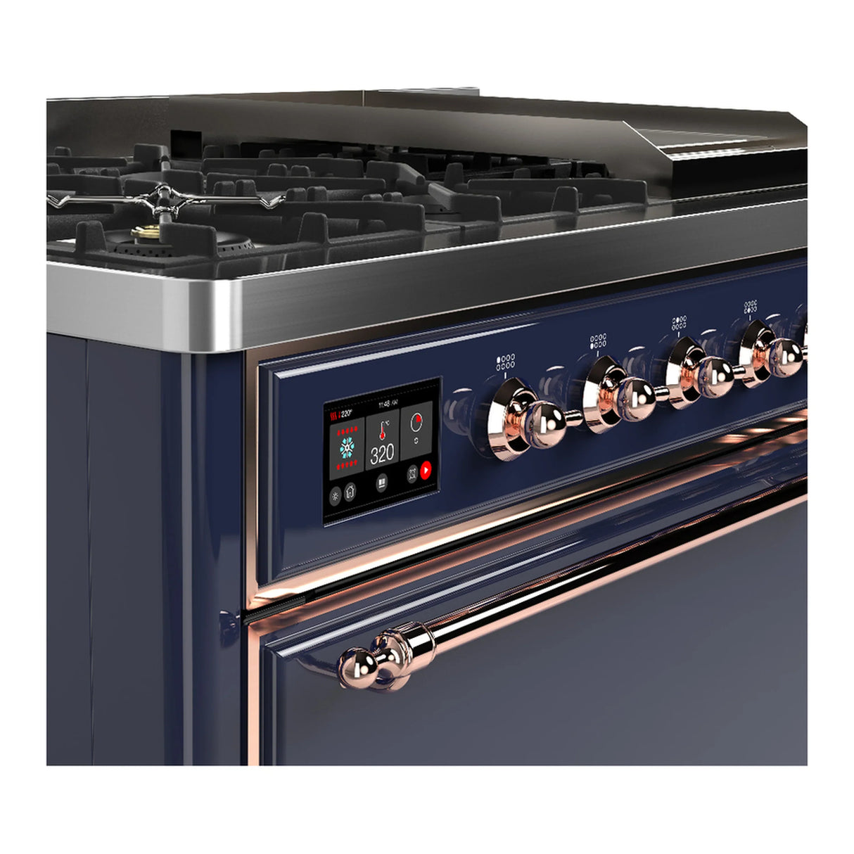 ILVE Majestic III 48-inch Dual Fuel Range with 5 Natural Gas Burner, Griddle and Solid Door Electric Oven in Midnight Blue with Copper Trim (UM48FQNR3MBP)