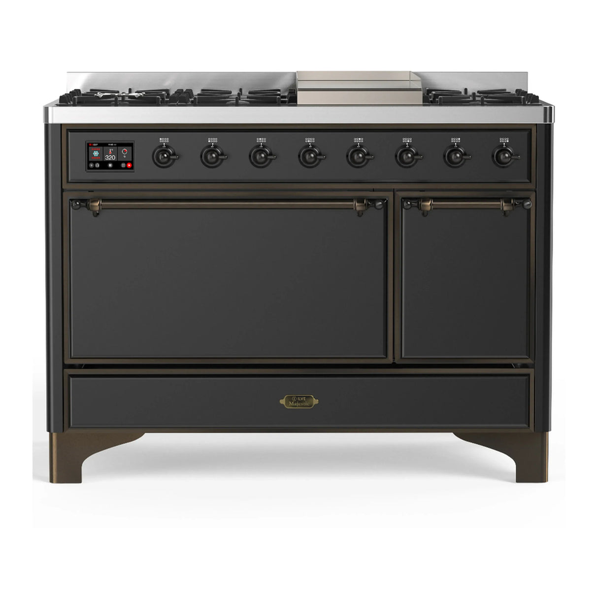ILVE Majestic III 48-inch Dual Fuel Range with 5 Liquid Propane Burner, Griddle and Solid Door Electric Oven in Graphite Matte with Burnished Trim (UM48FQNR3MGBLP)