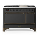 ILVE Majestic III 48-inch Dual Fuel Range with 5 Liquid Propane Burner, Griddle and Solid Door Electric Oven in Graphite Matte with Burnished Trim (UM48FQNR3MGBLP)