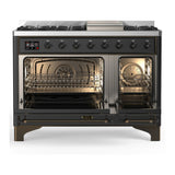 ILVE Majestic III 48-inch Dual Fuel Range with 5 Liquid Propane Burner, Griddle and Solid Door Electric Oven in Graphite Matte with Burnished Trim (UM48FQNR3MGBLP)