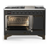 ILVE Majestic III 48-inch Dual Fuel Range with 5 Liquid Propane Burner, Griddle and Solid Door Electric Oven in Graphite Matte with Burnished Trim (UM48FQNR3MGBLP)