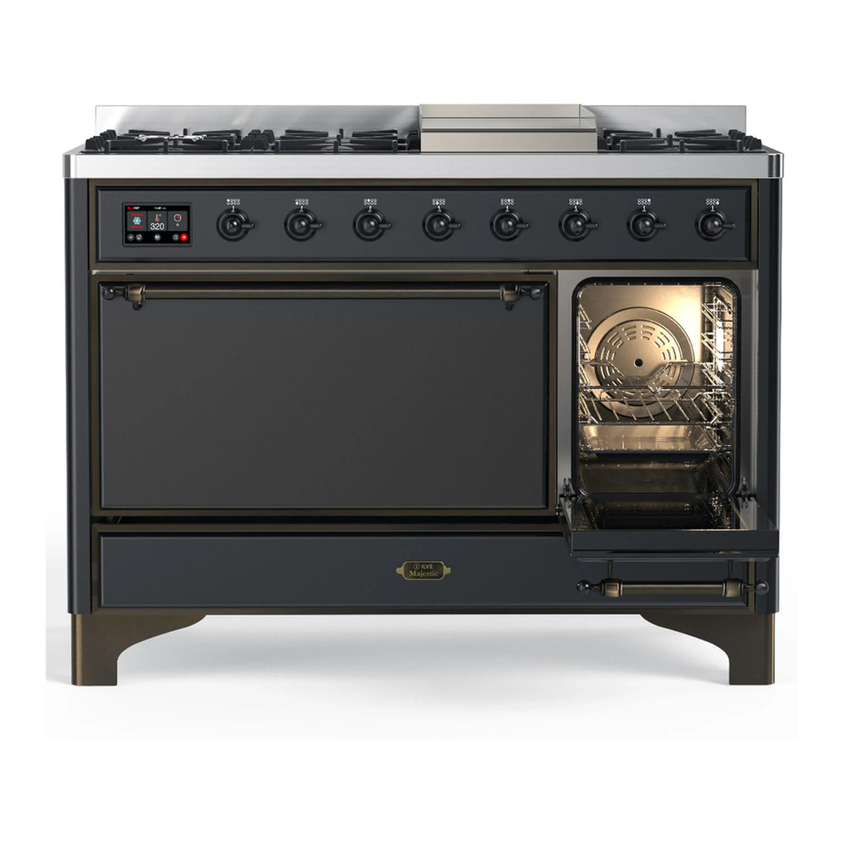 ILVE Majestic III 48-inch Dual Fuel Range with 5 Liquid Propane Burner, Griddle and Solid Door Electric Oven in Graphite Matte with Burnished Trim (UM48FQNR3MGBLP)