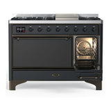 ILVE Majestic III 48-inch Dual Fuel Range with 5 Liquid Propane Burner, Griddle and Solid Door Electric Oven in Graphite Matte with Burnished Trim (UM48FQNR3MGBLP)