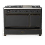 ILVE Majestic III 48-inch Dual Fuel Range with 5 Liquid Propane Burner, Griddle and Solid Door Electric Oven in Graphite Matte with Burnished Trim (UM48FQNR3MGBLP)