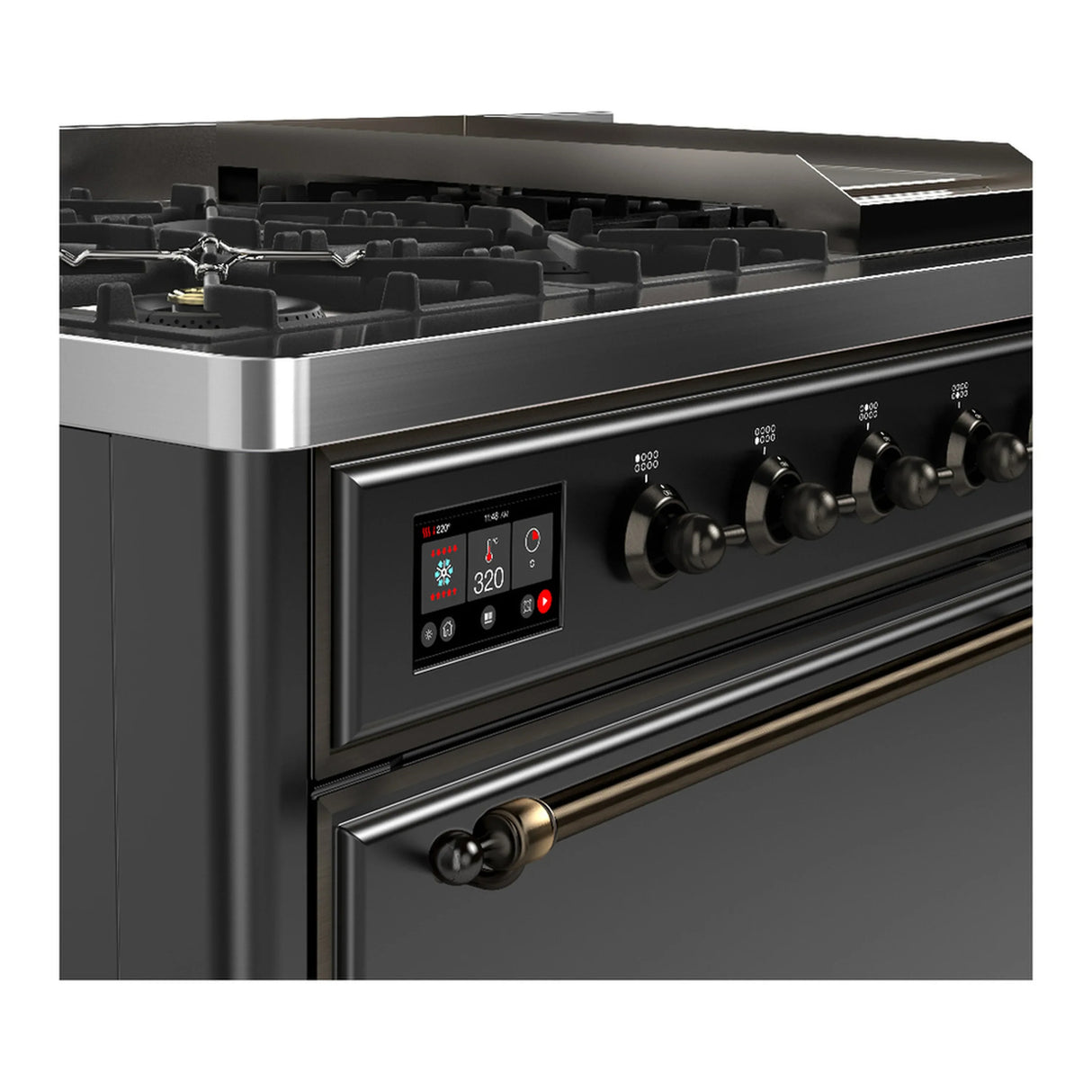 ILVE Majestic III 48-inch Dual Fuel Range with 5 Liquid Propane Burner, Griddle and Solid Door Electric Oven in Graphite Matte with Burnished Trim (UM48FQNR3MGBLP)