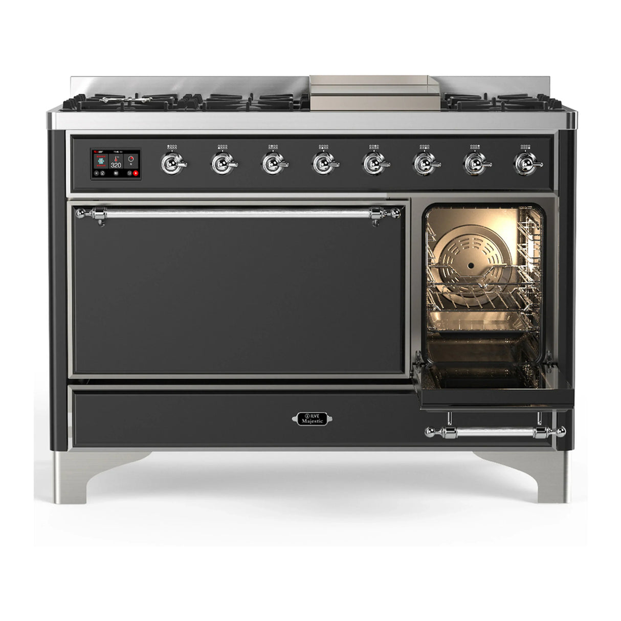 ILVE Majestic III 48-inch Dual Fuel Range with 5 Natural Gas Burner, Griddle and Solid Door Electric Oven in Graphite Matte with Chrome Trim (UM48FQNR3MGC)