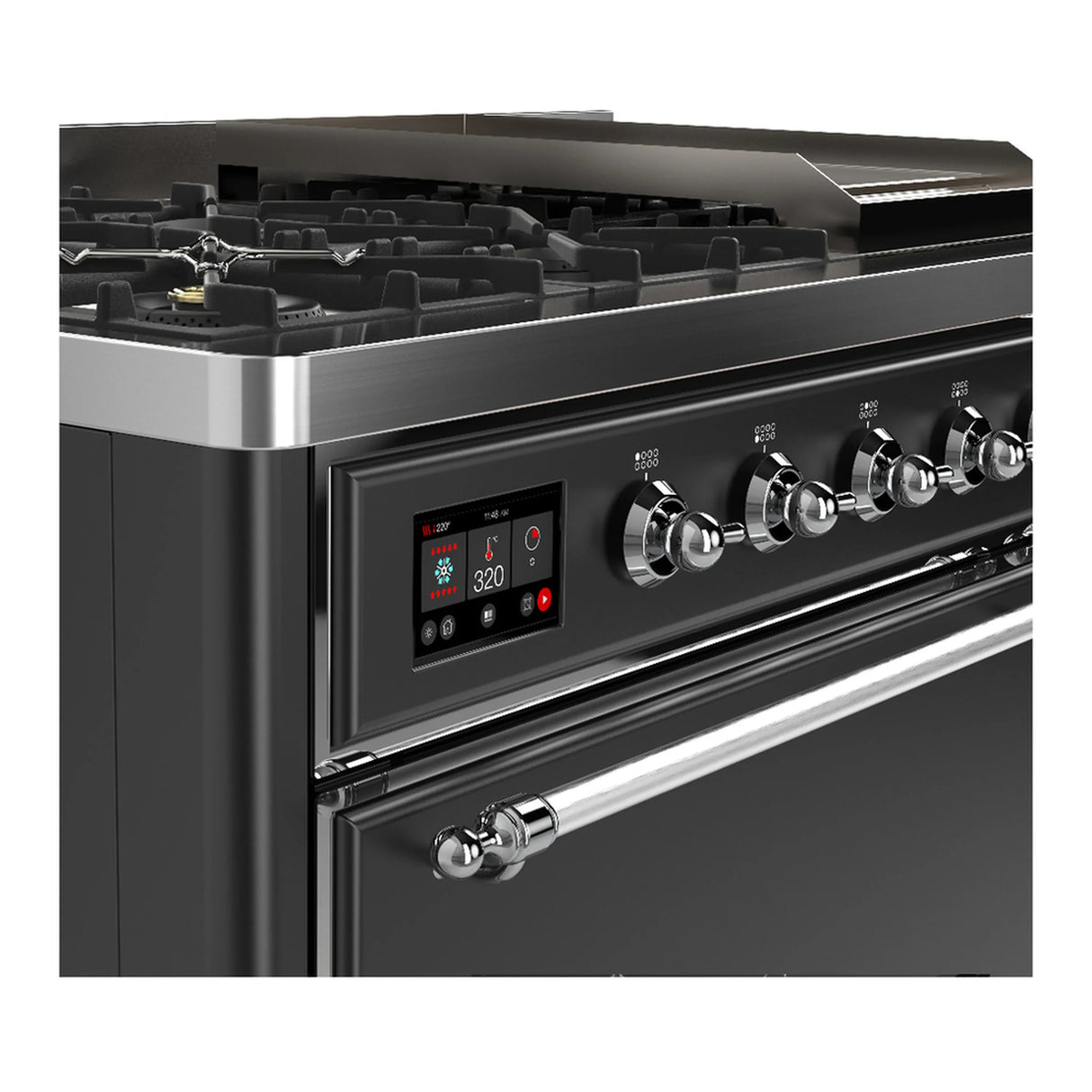 ILVE Majestic III 48-inch Dual Fuel Range with 5 Natural Gas Burner, Griddle and Solid Door Electric Oven in Graphite Matte with Chrome Trim (UM48FQNR3MGC)