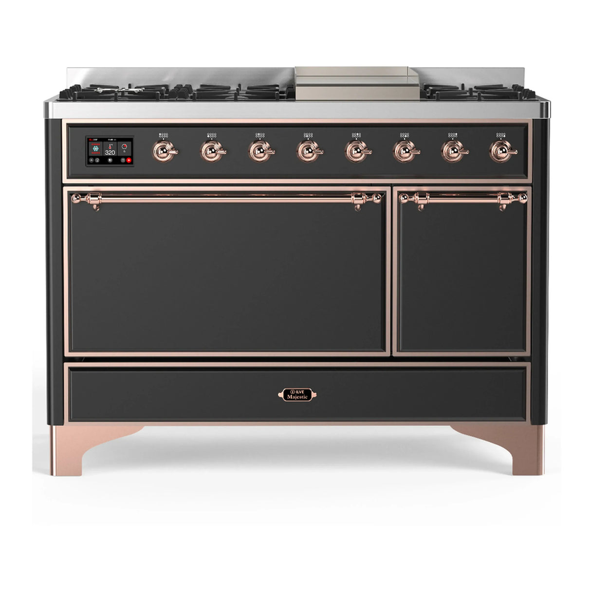 ILVE Majestic III 48-inch Dual Fuel Range with 5 Liquid Propane Burner, Griddle and Solid Door Electric Oven in Graphite Matte with Copper Trim (UM48FQNR3MGPLP)