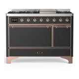 ILVE Majestic III 48-inch Dual Fuel Range with 5 Liquid Propane Burner, Griddle and Solid Door Electric Oven in Graphite Matte with Copper Trim (UM48FQNR3MGPLP)