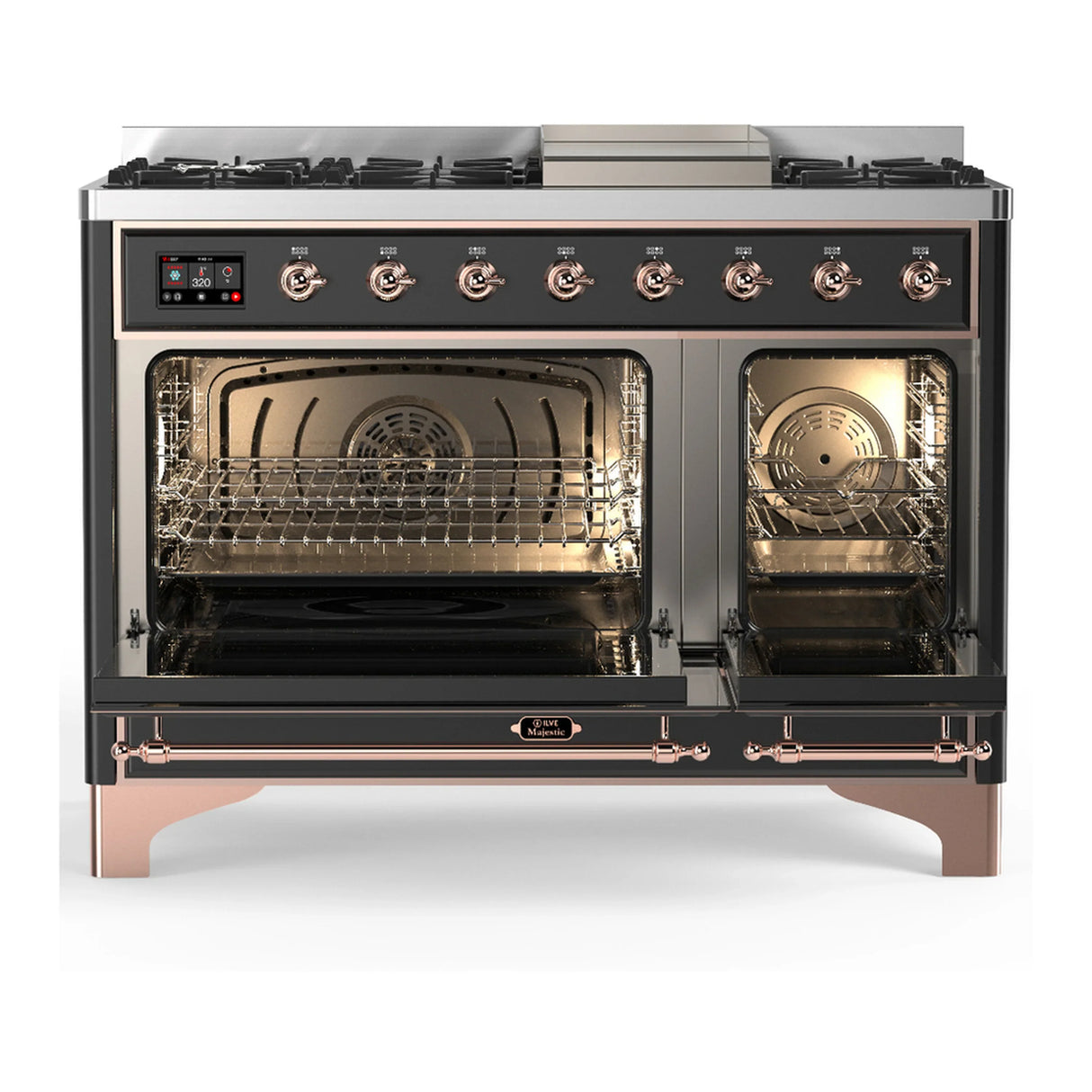 ILVE Majestic III 48-inch Dual Fuel Range with 5 Liquid Propane Burner, Griddle and Solid Door Electric Oven in Graphite Matte with Copper Trim (UM48FQNR3MGPLP)