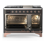 ILVE Majestic III 48-inch Dual Fuel Range with 5 Liquid Propane Burner, Griddle and Solid Door Electric Oven in Graphite Matte with Copper Trim (UM48FQNR3MGPLP)