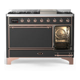ILVE Majestic III 48-inch Dual Fuel Range with 5 Liquid Propane Burner, Griddle and Solid Door Electric Oven in Graphite Matte with Copper Trim (UM48FQNR3MGPLP)
