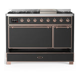 ILVE Majestic III 48-inch Dual Fuel Range with 5 Liquid Propane Burner, Griddle and Solid Door Electric Oven in Graphite Matte with Copper Trim (UM48FQNR3MGPLP)