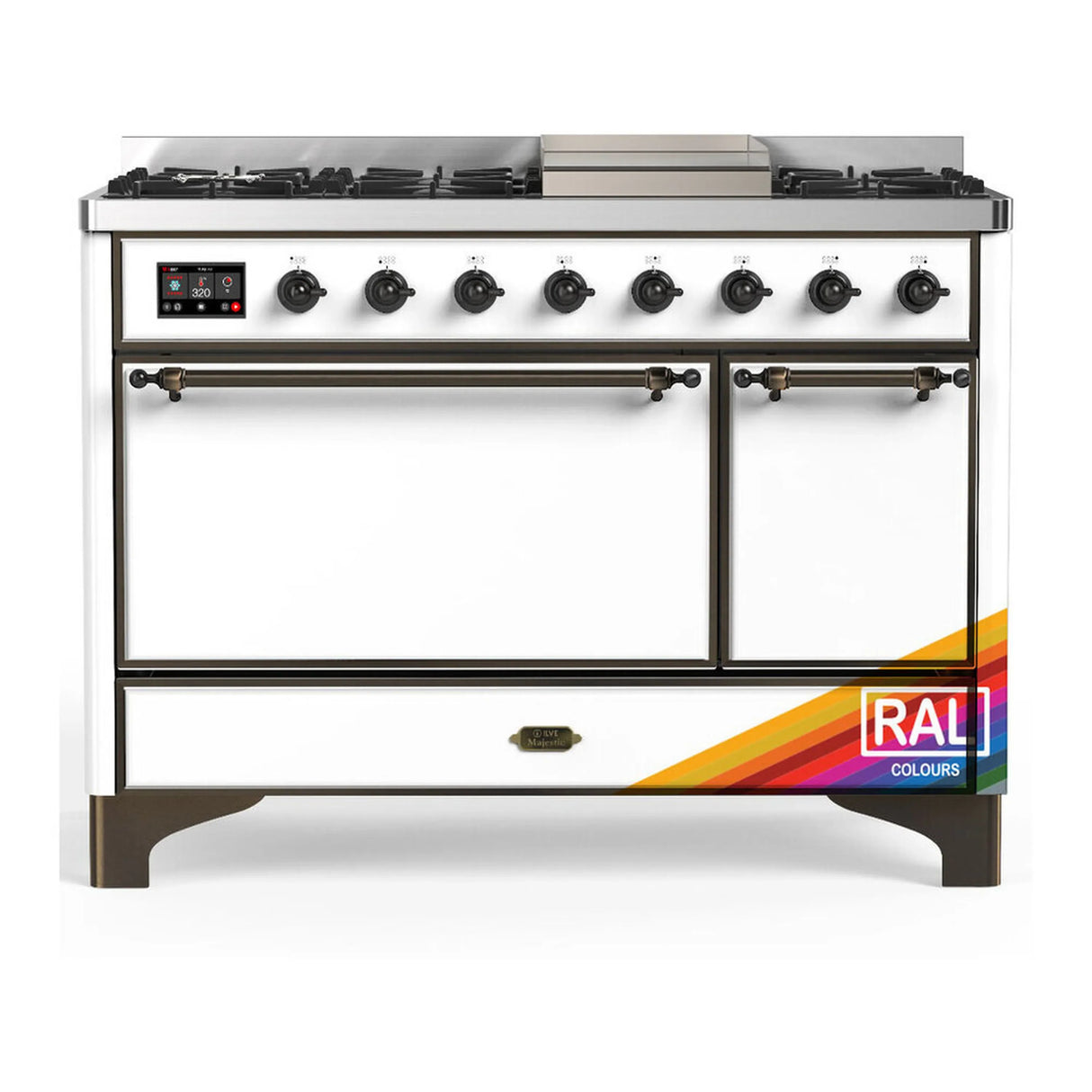 ILVE Majestic III 48-inch Dual Fuel Range with 5 Natural Gas Burner, Griddle and Solid Door Electric Oven in RAL with Burnished Trim (UM48FQNR3RAB)