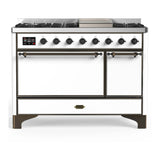 ILVE Majestic III 48-inch Dual Fuel Range with 5 Natural Gas Burner, Griddle and Solid Door Electric Oven in White with Burnished Trim (UM48FQNR3WHB)