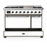 ILVE Majestic III 48-inch Dual Fuel Range with 5 Natural Gas Burner, Griddle and Solid Door Electric Oven in White with Burnished Trim (UM48FQNR3WHB)