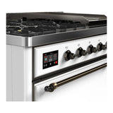 ILVE Majestic III 48-inch Dual Fuel Range with 5 Natural Gas Burner, Griddle and Solid Door Electric Oven in White with Burnished Trim (UM48FQNR3WHB)