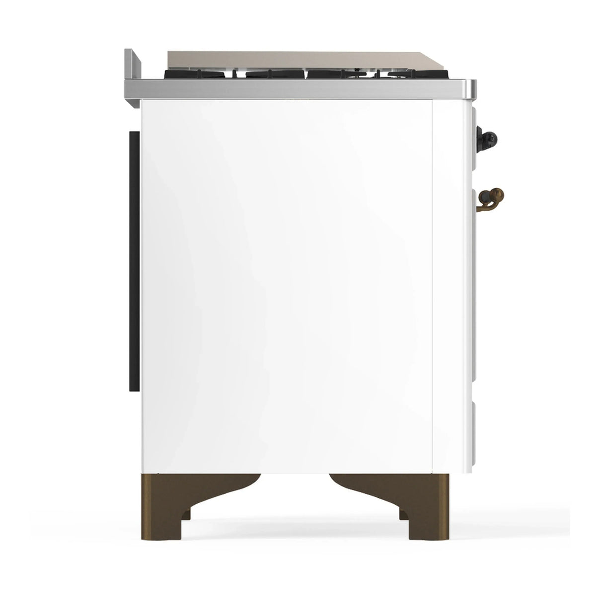 ILVE Majestic III 48-inch Dual Fuel Range with 5 Natural Gas Burner, Griddle and Solid Door Electric Oven in White with Burnished Trim (UM48FQNR3WHB)