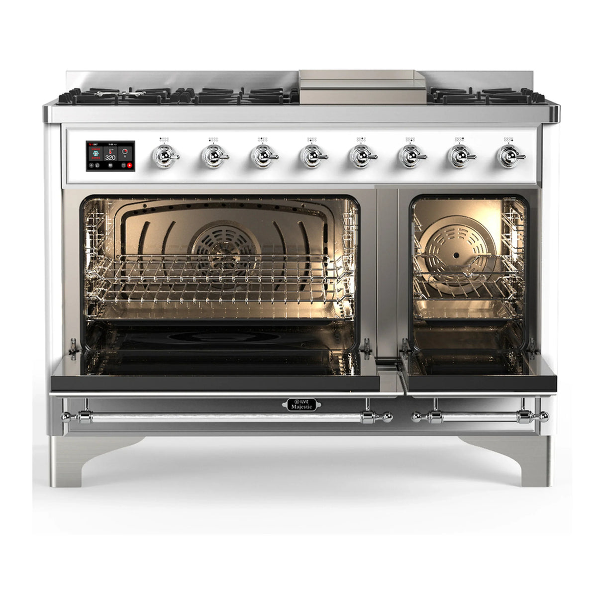 ILVE Majestic III 48-inch Dual Fuel Range with 5 Natural Gas Burner, Griddle and Solid Door Electric Oven in White with Chrome Trim (UM48FQNR3WHC)