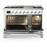 ILVE Majestic III 48-inch Dual Fuel Range with 5 Natural Gas Burner, Griddle and Solid Door Electric Oven in White with Chrome Trim (UM48FQNR3WHC)