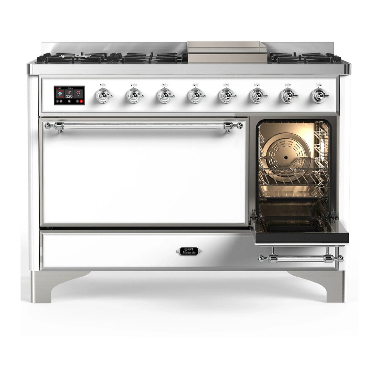 ILVE Majestic III 48-inch Dual Fuel Range with 5 Natural Gas Burner, Griddle and Solid Door Electric Oven in White with Chrome Trim (UM48FQNR3WHC)