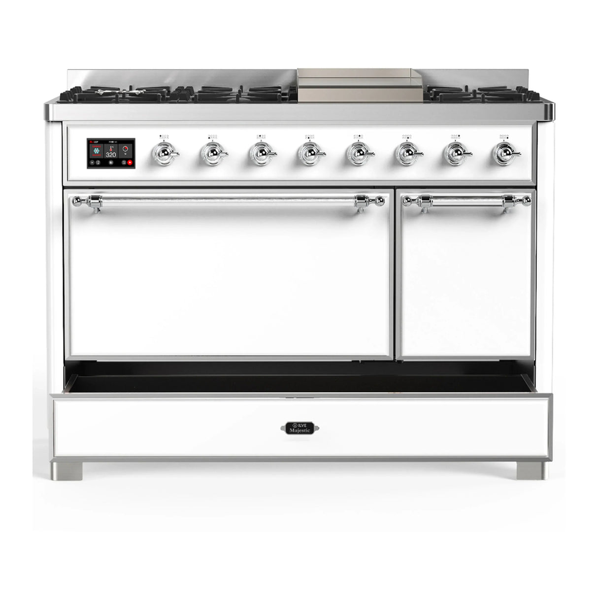 ILVE Majestic III 48-inch Dual Fuel Range with 5 Natural Gas Burner, Griddle and Solid Door Electric Oven in White with Chrome Trim (UM48FQNR3WHC)