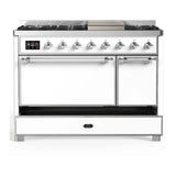 ILVE Majestic III 48-inch Dual Fuel Range with 5 Natural Gas Burner, Griddle and Solid Door Electric Oven in White with Chrome Trim (UM48FQNR3WHC)