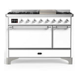 ILVE Majestic III 48-inch Dual Fuel Range with 5 Natural Gas Burner, Griddle and Solid Door Electric Oven in White with Chrome Trim (UM48FQNR3WHC)