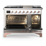 ILVE Majestic III 48-inch Dual Fuel Range with 5 Liquid Propane Burner, Griddle and Solid Door Electric Oven in White with Copper Trim (UM48FQNR3WHPLP)