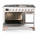 ILVE Majestic III 48-inch Dual Fuel Range with 5 Liquid Propane Burner, Griddle and Solid Door Electric Oven in White with Copper Trim (UM48FQNR3WHPLP)