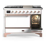 ILVE Majestic III 48-inch Dual Fuel Range with 5 Liquid Propane Burner, Griddle and Solid Door Electric Oven in White with Copper Trim (UM48FQNR3WHPLP)