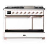 ILVE Majestic III 48-inch Dual Fuel Range with 5 Liquid Propane Burner, Griddle and Solid Door Electric Oven in White with Copper Trim (UM48FQNR3WHPLP)
