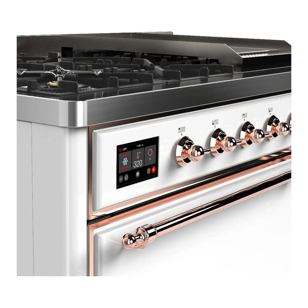 ILVE Majestic III 48-inch Dual Fuel Range with 5 Liquid Propane Burner, Griddle and Solid Door Electric Oven in White with Copper Trim (UM48FQNR3WHPLP)