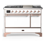 ILVE Majestic III 48-inch Dual Fuel Range with 5 Liquid Propane Burner, Griddle and Solid Door Electric Oven in White with Copper Trim (UM48FQNR3WHPLP)