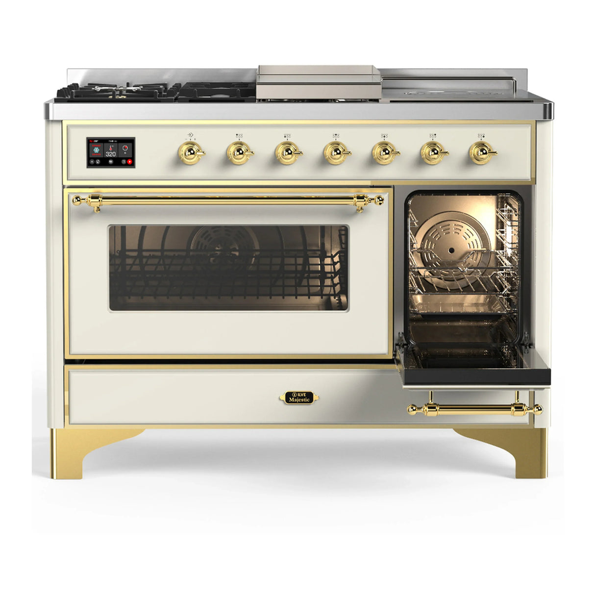 ILVE Majestic III 48-inch Dual Fuel Range with 5 Natural Gas Burner, Griddle, French Top and Triple Glass Door Electric Oven in Antique White with Brass Trim (UM48FSNR3AWG)