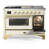ILVE Majestic III 48-inch Dual Fuel Range with 5 Natural Gas Burner, Griddle, French Top and Triple Glass Door Electric Oven in Antique White with Brass Trim (UM48FSNR3AWG)