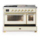 ILVE Majestic III 48-inch Dual Fuel Range with 5 Natural Gas Burner, Griddle, French Top and Triple Glass Door Electric Oven in Antique White with Brass Trim (UM48FSNR3AWG)