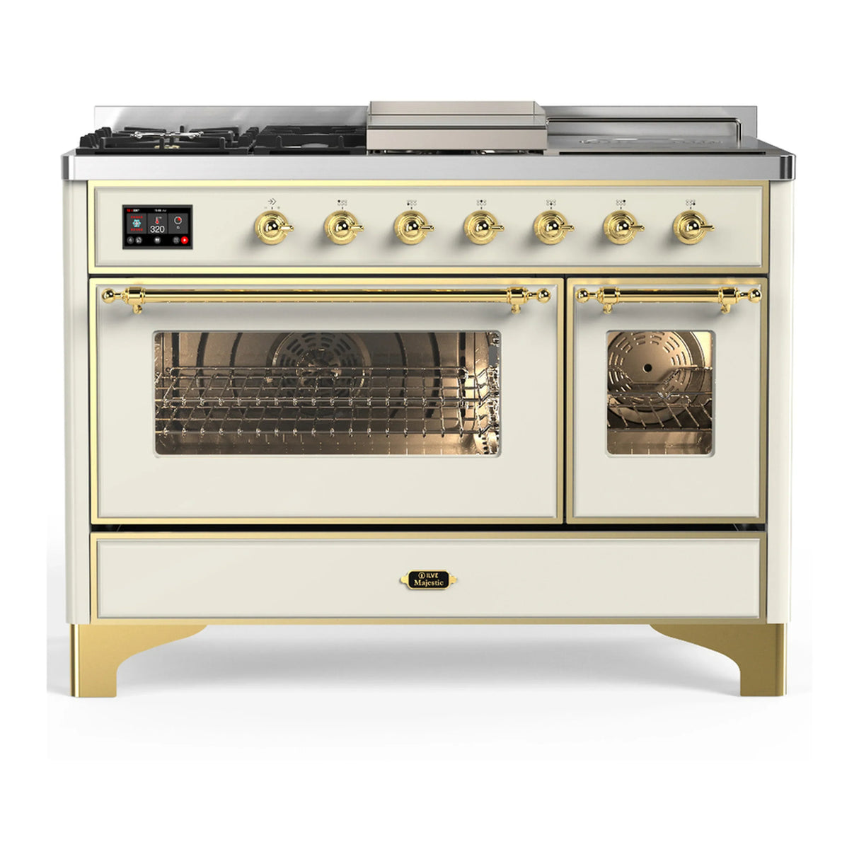 ILVE Majestic III 48-inch Dual Fuel Range with 5 Natural Gas Burner, Griddle, French Top and Triple Glass Door Electric Oven in Antique White with Brass Trim (UM48FSNR3AWG)