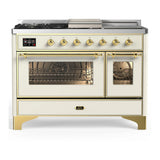 ILVE Majestic III 48-inch Dual Fuel Range with 5 Natural Gas Burner, Griddle, French Top and Triple Glass Door Electric Oven in Antique White with Brass Trim (UM48FSNR3AWG)