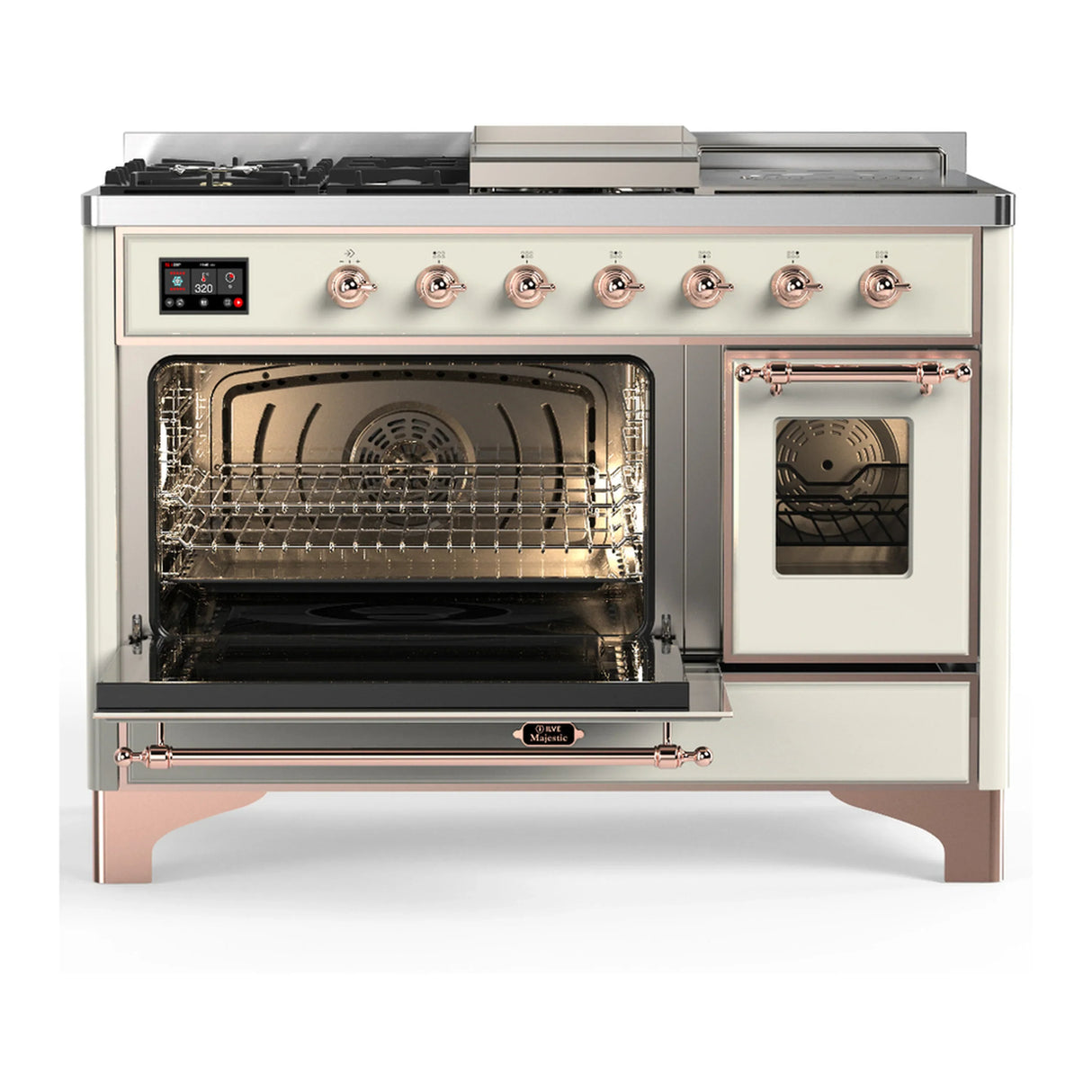 ILVE Majestic III 48-inch Dual Fuel Range with 5 Natural Gas Burner, Griddle, French Top and Triple Glass Door Electric Oven in Antique White with Copper Trim (UM48FSNR3AWP)