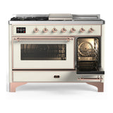 ILVE Majestic III 48-inch Dual Fuel Range with 5 Natural Gas Burner, Griddle, French Top and Triple Glass Door Electric Oven in Antique White with Copper Trim (UM48FSNR3AWP)
