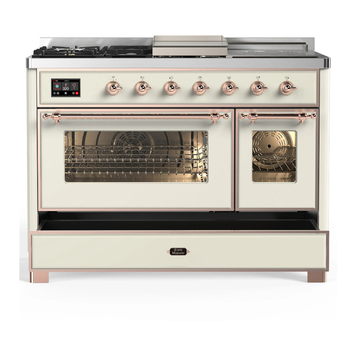 ILVE Majestic III 48-inch Dual Fuel Range with 5 Natural Gas Burner, Griddle, French Top and Triple Glass Door Electric Oven in Antique White with Copper Trim (UM48FSNR3AWP)