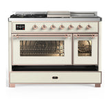 ILVE Majestic III 48-inch Dual Fuel Range with 5 Natural Gas Burner, Griddle, French Top and Triple Glass Door Electric Oven in Antique White with Copper Trim (UM48FSNR3AWP)