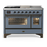 ILVE Majestic III 48-inch Dual Fuel Range with 5 Natural Gas Burner, Griddle, French Top and Triple Glass Door Electric Oven in Blue Grey with Burnished Trim (UM48FSNR3BGB)